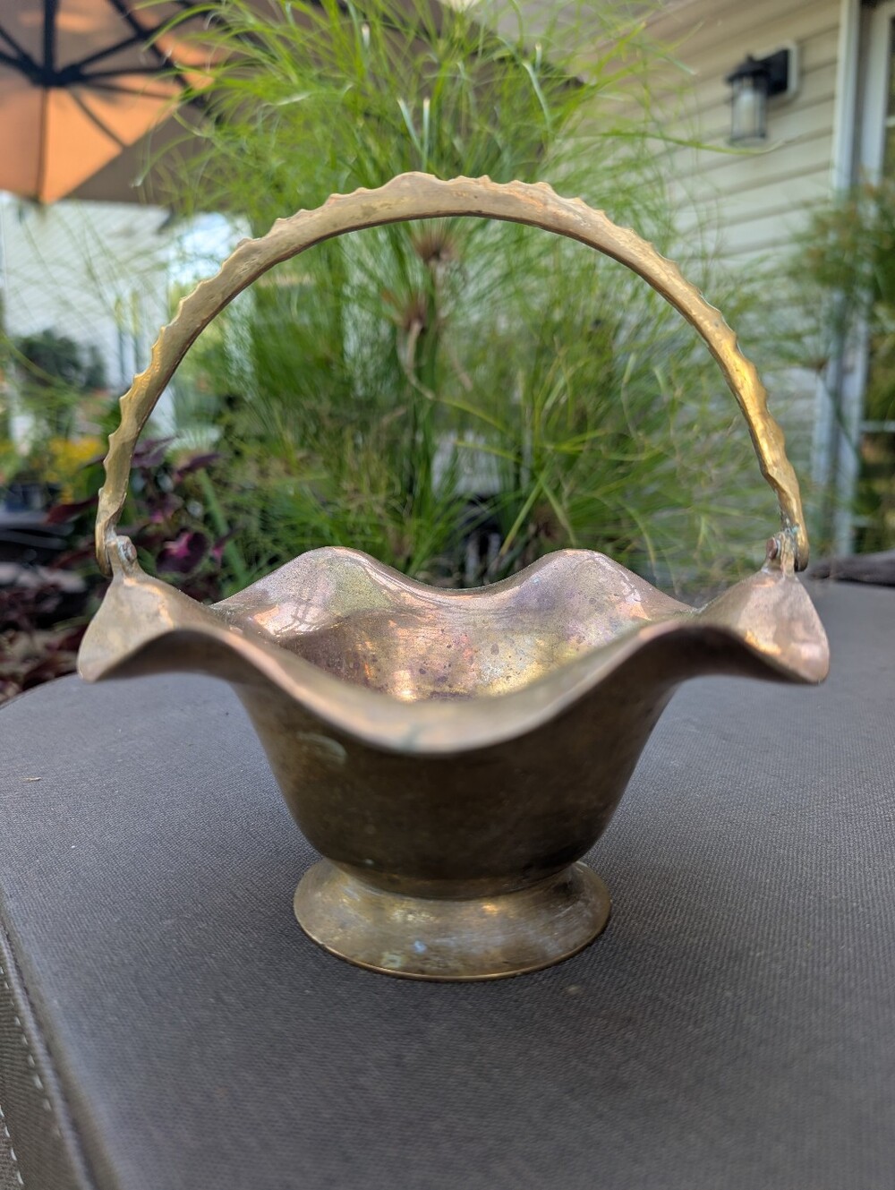 Solid Brass Decorative Basket with Scalloped Rim.